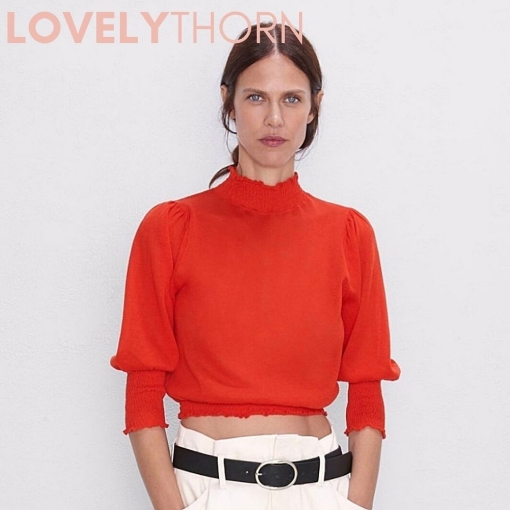 ZARA // red knit balloon sleeve sweater top